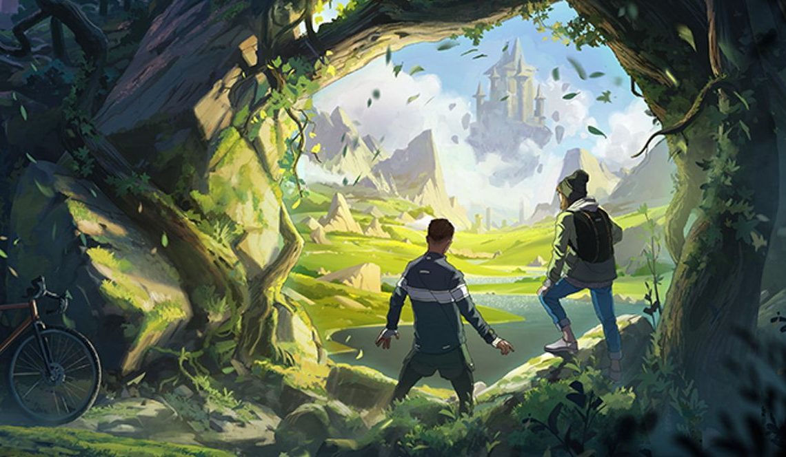 Two young figures look over a lush fantasy landscape which includes a floating castle. Behind them, a dark path leads to a city of modern skyscrapers.