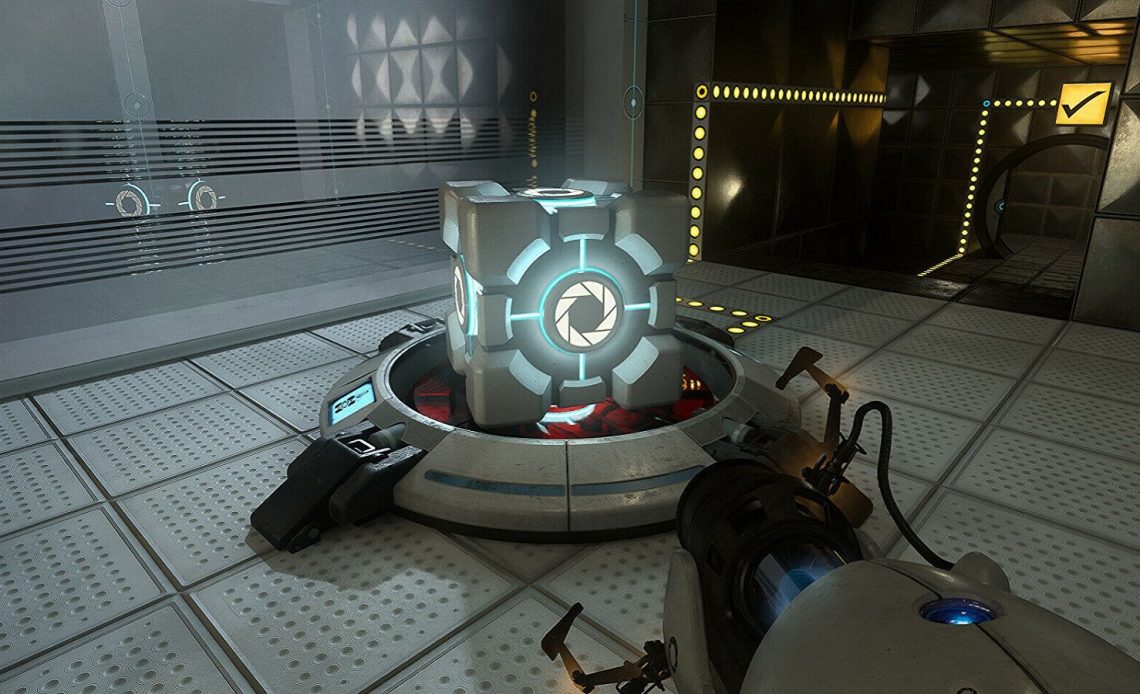 Image from Portal RTX showing a cube on a red button.
