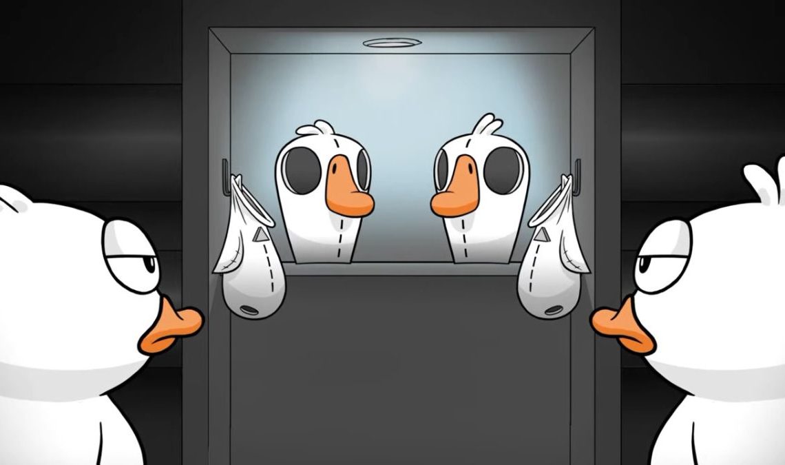 An image from the Goose Goose Duck gameplay trailer, showing two ducks looking at disguises.