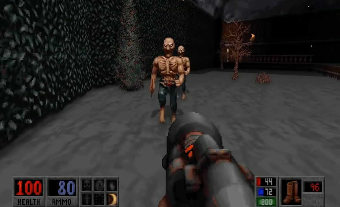 Image from the classic FPS game Blood showing the player about to fire at some zombies.