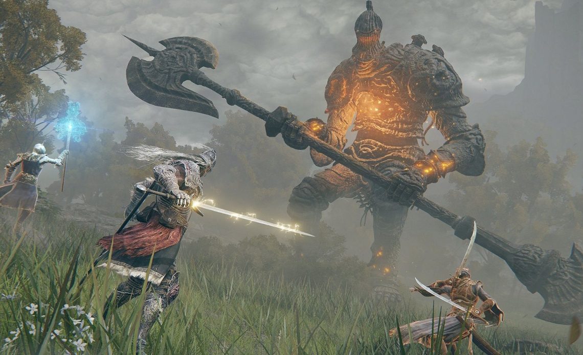 Image from Elden Ring showing a number of players ganging up on a huge boss.
