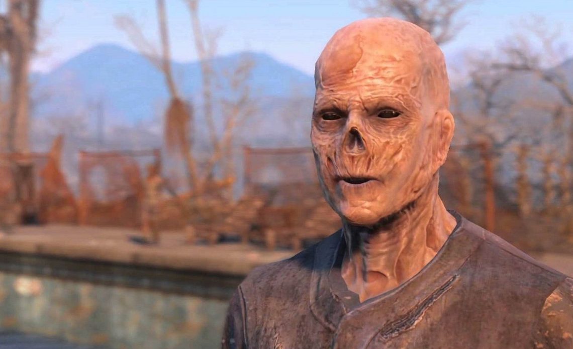 Image from Falllout 4 showing a close-up of a ghoul at The Slog settlement.