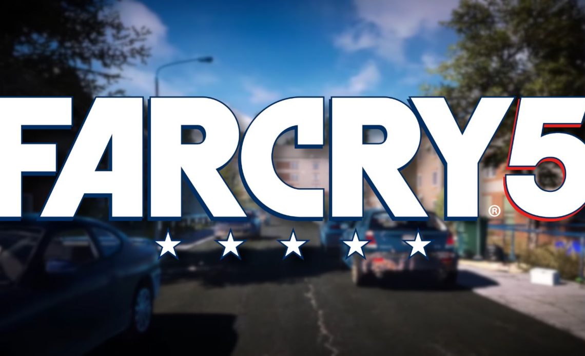 The Far Cry 5 logo with a blurry Scottish street behind it.