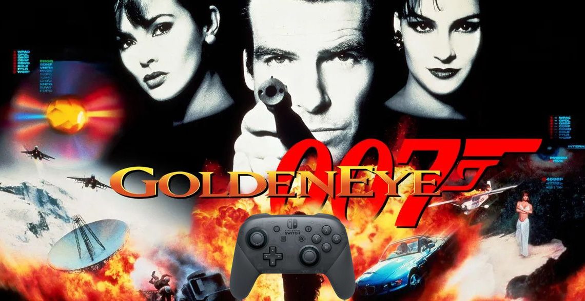 goldeneye 007 box art with a switch pro controller on the bottom middle