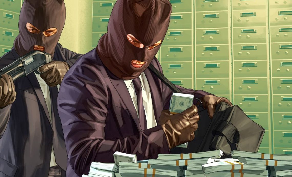 ski mask guys stealing money with a money print background