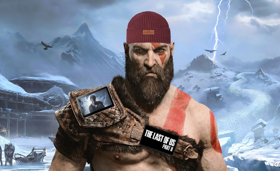 Kratos from God of War Ragnarok wearing PlayStation-branded clothing