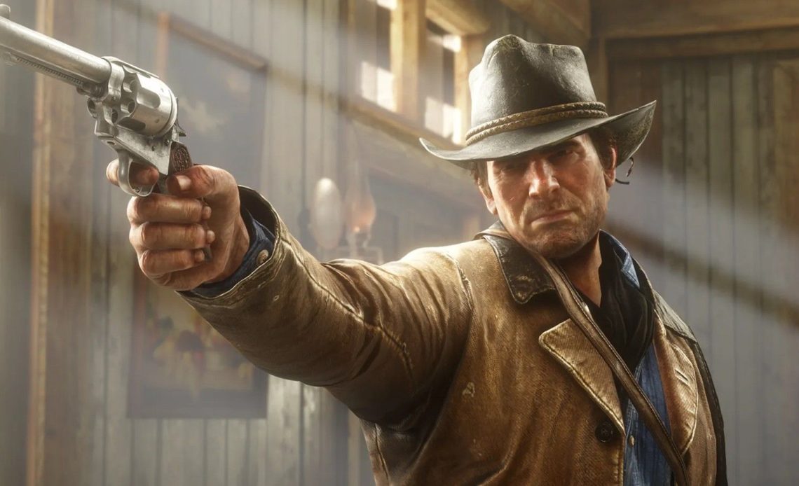 red dead 2's arthur morgan aiming a revolve at an off-scene character