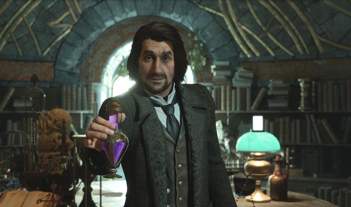Hogwarts Legacy potions professor holding a potion