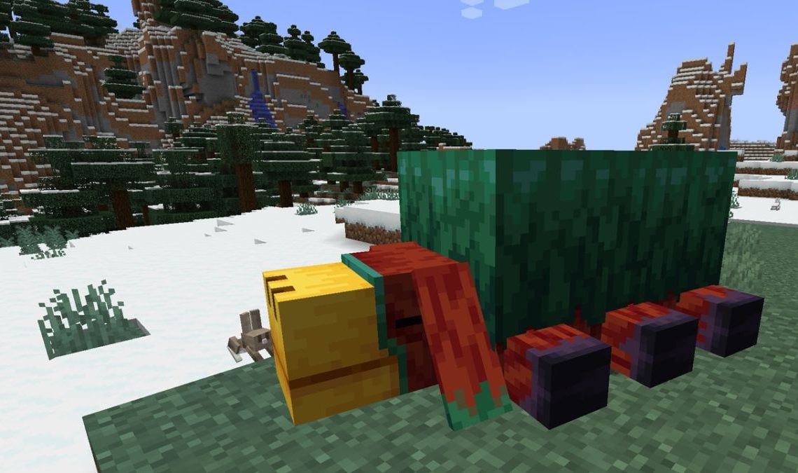 Minecraft Sniffer mob lies on the ground with its six legs splayed out beside a bunny.
