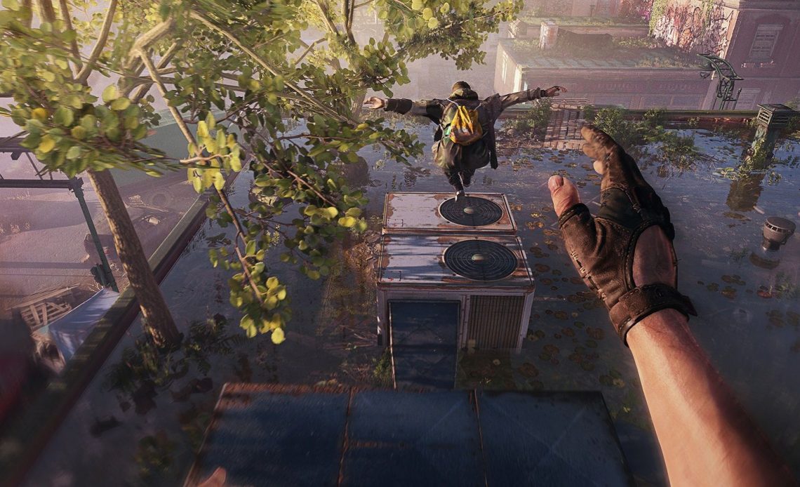 Image from Dying Light 2 showing the player leaping off a building in order to chase someone.