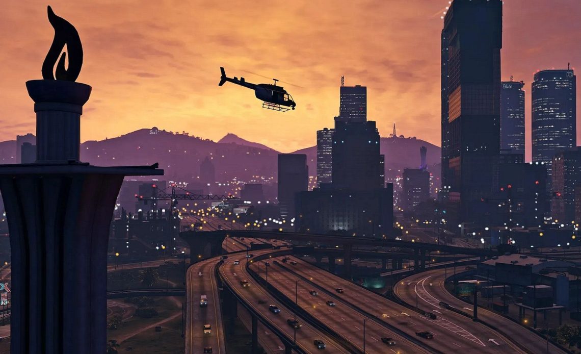 Wide-angle image from Grand Theft Auto 5 showing a helicopter flying over the city during a sunset..