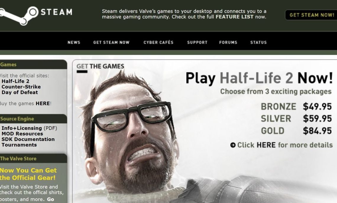 Image of Steam Homepage circa May 2005 with squashed, crowded web design, prominent image of Gordon Freeman struggling with a tentacle around his neck, adverts for Condition Zero and the HL2 art book, and other artifacts of the era.
