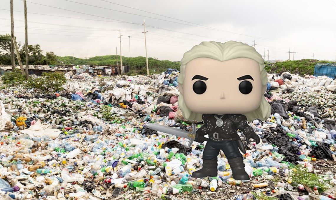 Geralt of Rivia Funko Pop superimposed over Mountain of rubbish and plastic bags, in the Dandora landfill in Nairobi, with marabu birds. High pollution and serious damage to the ecosystem. - stock photo by Enrico Tricoli via Getty Images