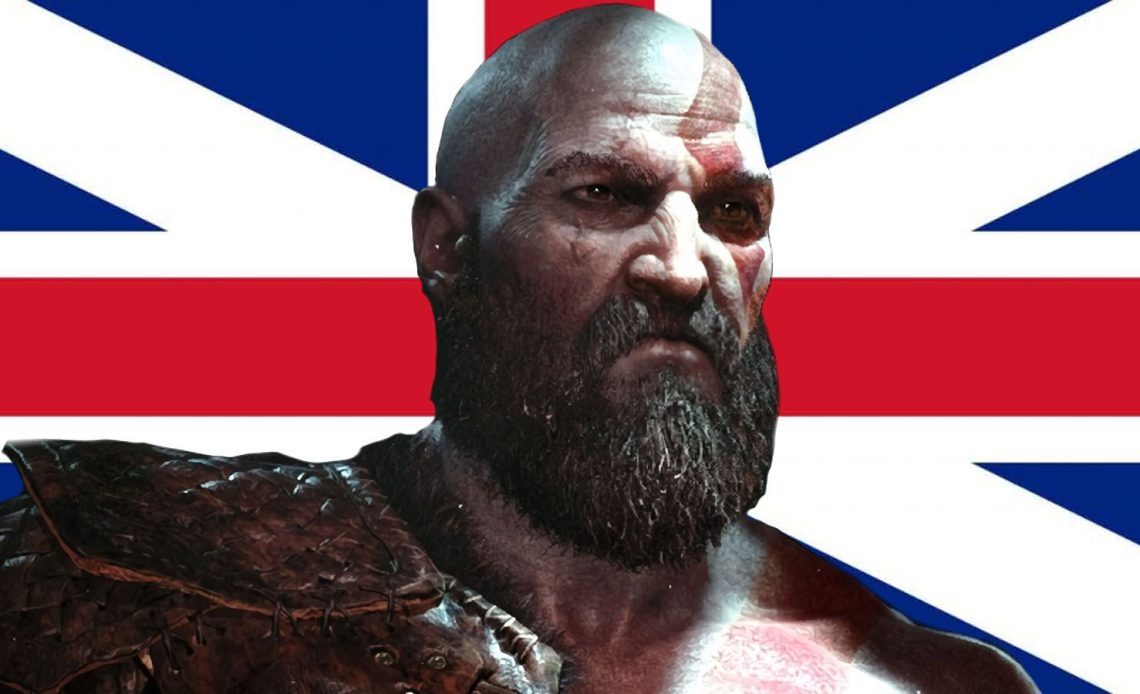 A picture of God of War's Kratos standing in front of the British flag.