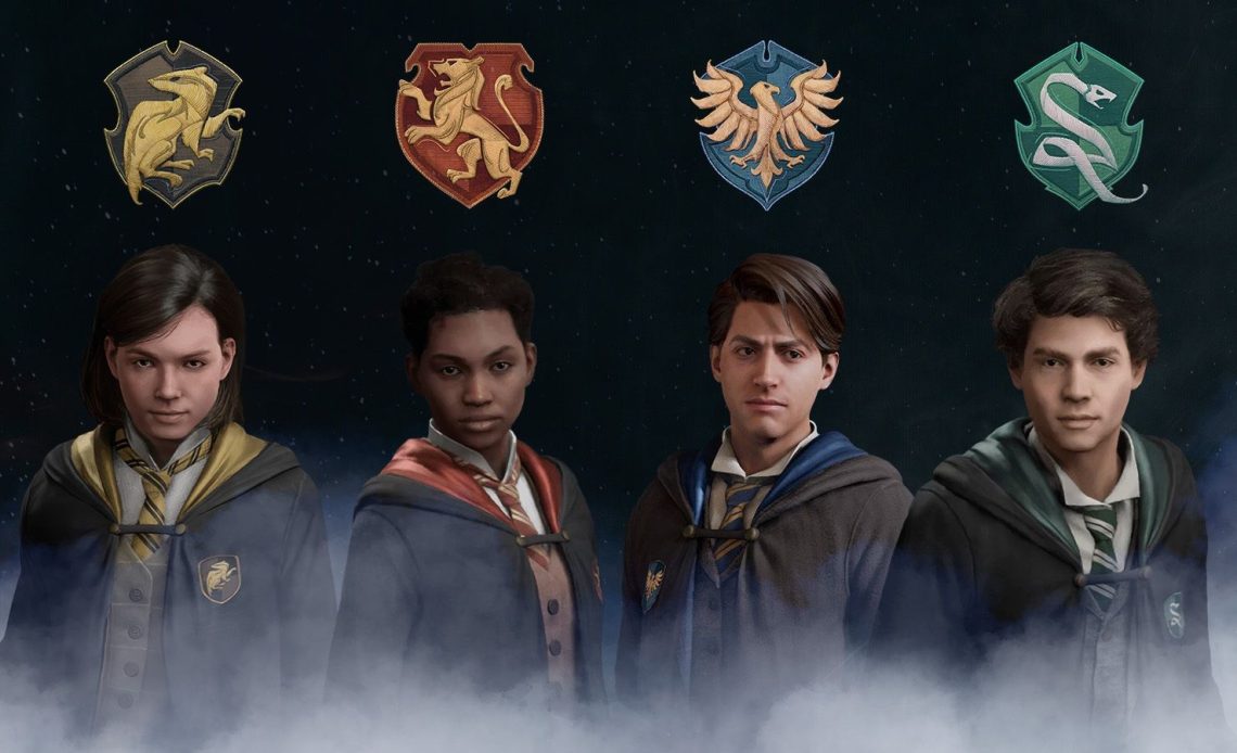hogwarts legacy students with crests above head