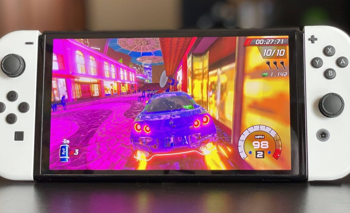 A promotional image of a Nintendo Switch in its touchscreen setup.