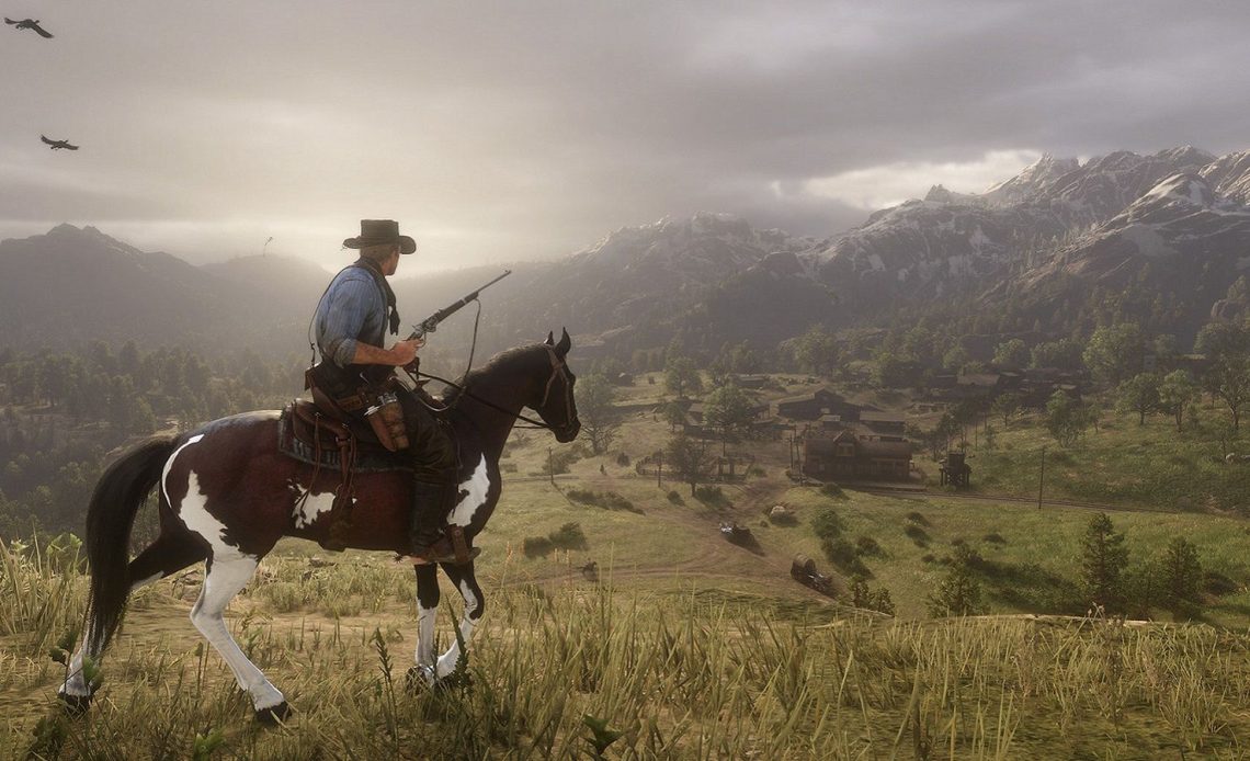 Image from Red Dead Redemption 2 showing Arthur Morgan on his horse with a valley in the background.