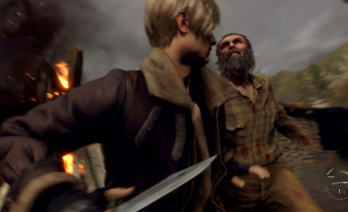 Image from the Resident Evil 4 remake showing Leon Kennedy about to attack an infected villager.