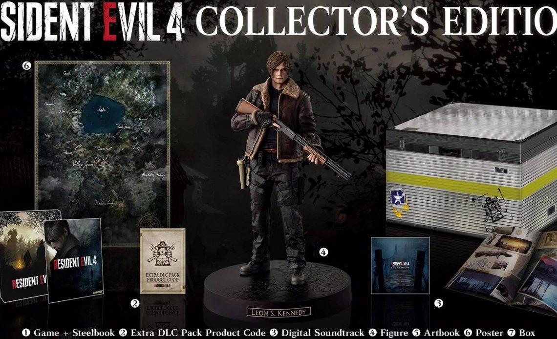 Image from the Resident Evil 4 Remake Collector's Edition showing some goodies, inclduing a Leon Kennedy statue.
