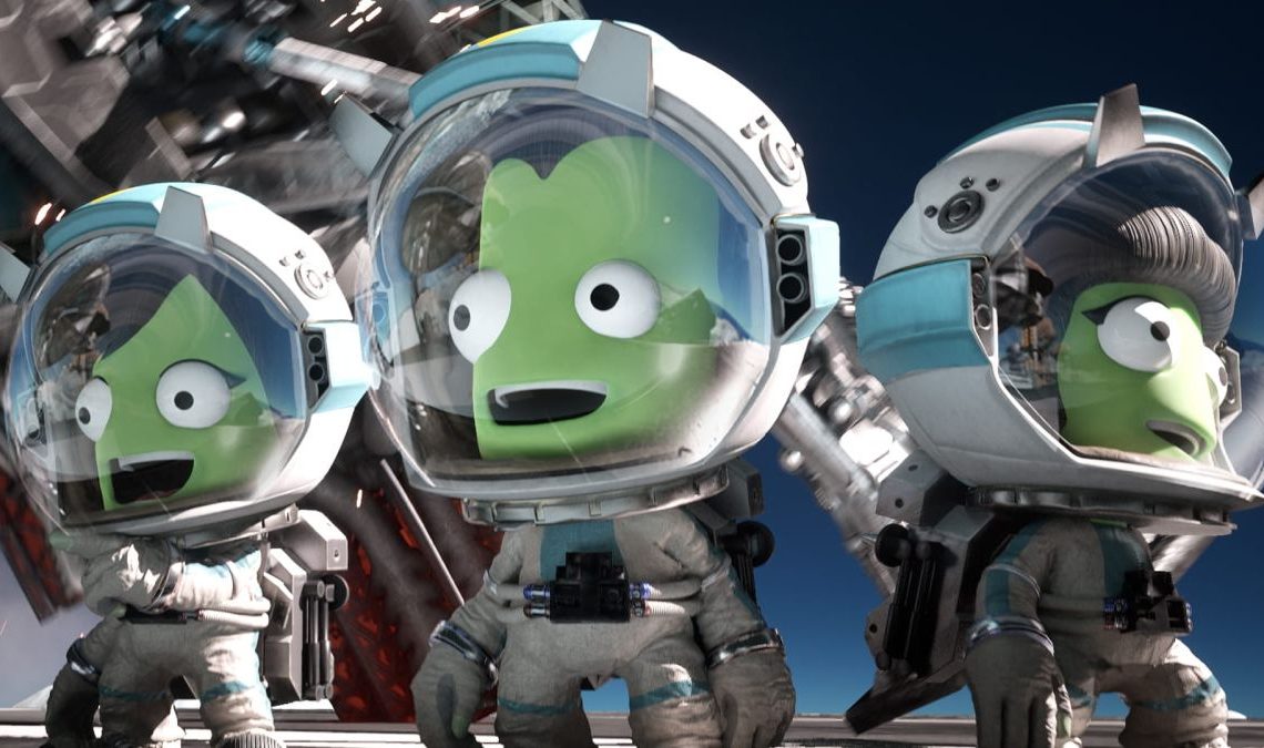 Kerbal Space Program 2 — A trio of Kerbal astronauts emerge from their lunar lander to gaze with a kind of vacant awe at the wonder of space.