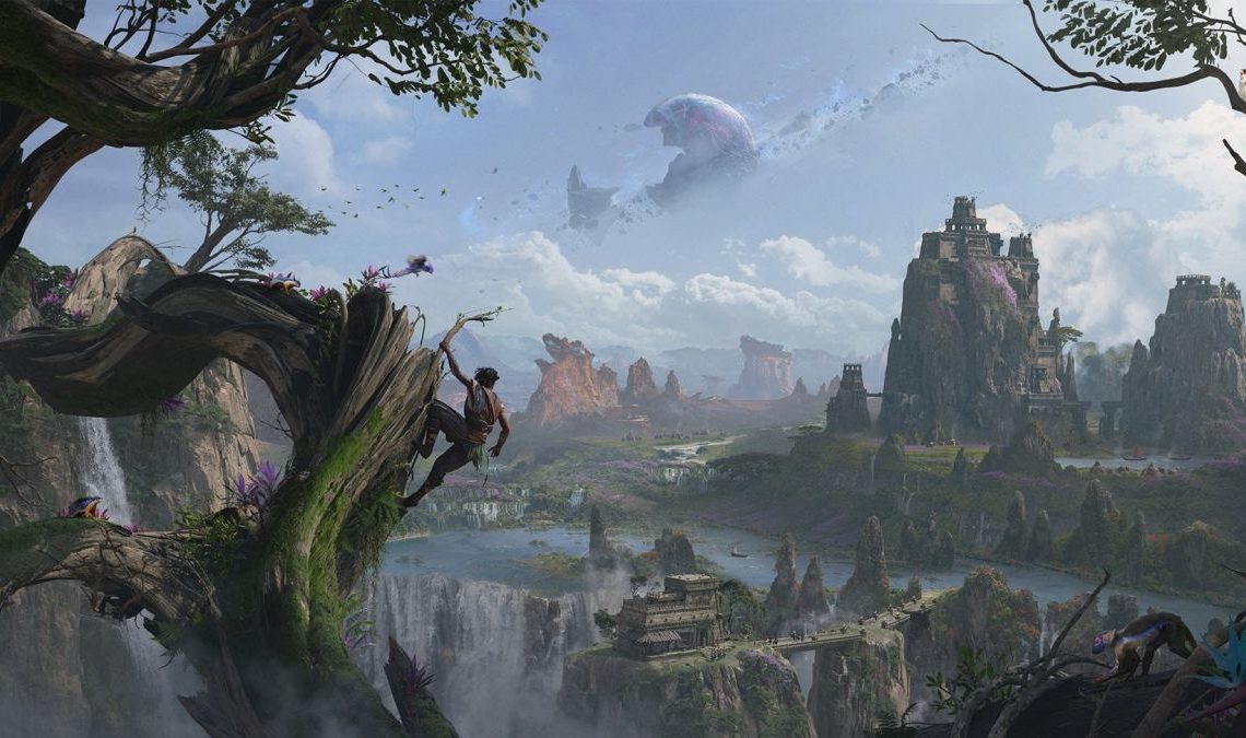 A man hangs off a huge tree branch and gazes over a fantasy vista. A moon broken into several parts hangs in the sky.