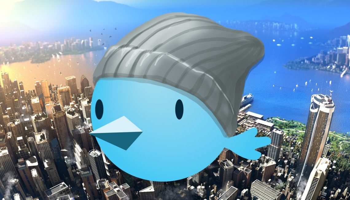 Cartoon bird wearing a hat with city in the background