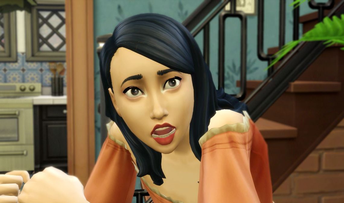 A close up of a female sim in The Sims 4 with medium-length black hair and an off-the-shoulder orange top. She