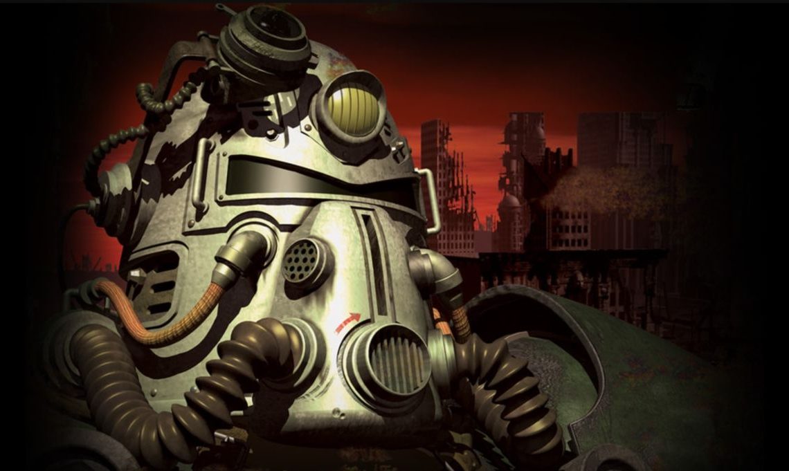 Fallout Power Armor helmet looking to right with darkened red city in background