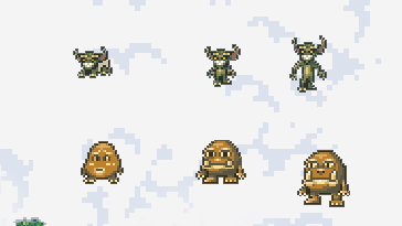 Baby, child, and adult versions of monsters from Dwarf Fortress.