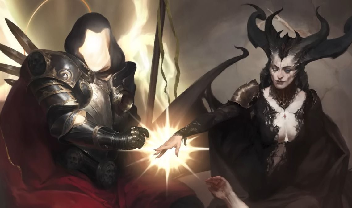 Diablo 4 concept art of Lilith and Inarius creating humanity