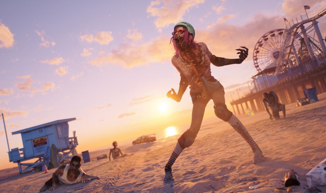 A zombie screaming on the beach at sunset