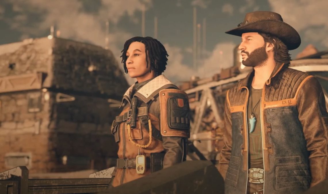 A still from a Starfield trailer where a companion NPC - a cowboy - lovingly confesses his affection to the main protagonist.
