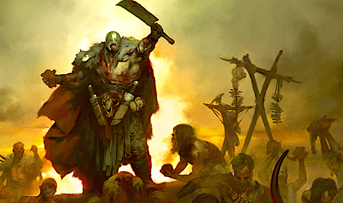 A band of brigands from Diablo 4 swarm through a desolate landscape, with their leader raising a cleaver to the sky.