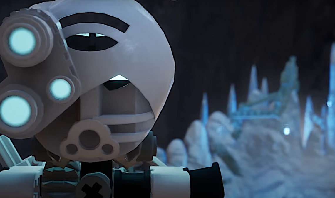 An image of a Bionicle staring into the camera within an icy cavern.
