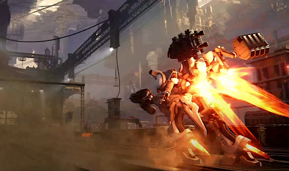 A mech from Armored Core 6 engages its boosters in an industrial locale.