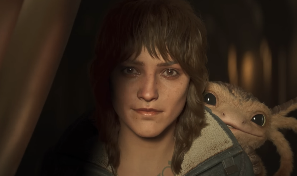 The protagonist from Star Wars Outlaws, a scruffy scoundrel, looks determined with her cute axolotl-like alien pet on her shoulder.