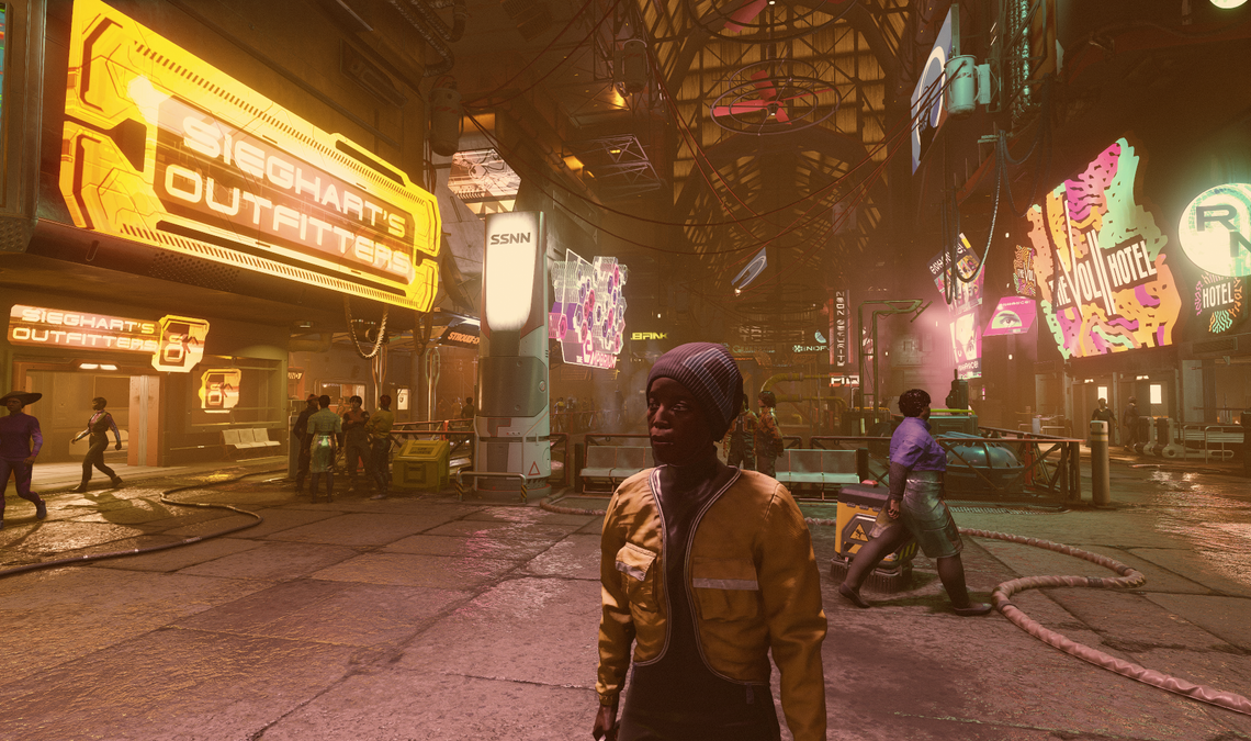 Starfield NPC crowds surrounded by the bright signs of Neon