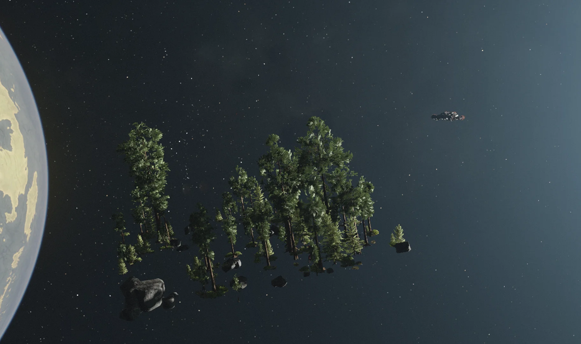 An image of a forest floating through space, magically attached to a ship in Starfield.