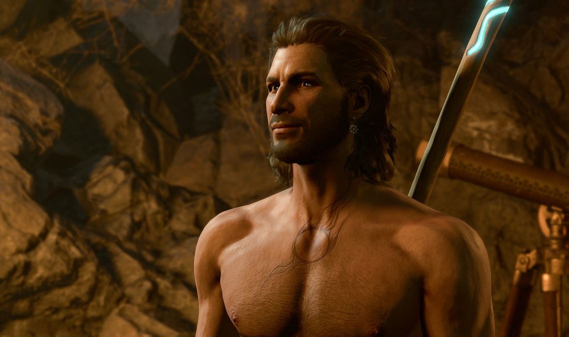 Gale, without a shirt, smirking