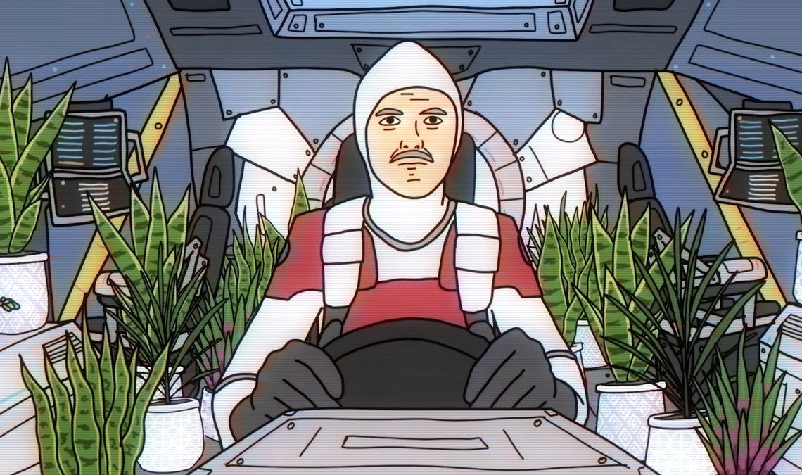 Frame of an animation by Joel Haver of a man in a space suit sitting in a cockpit surrounded by succulent plants