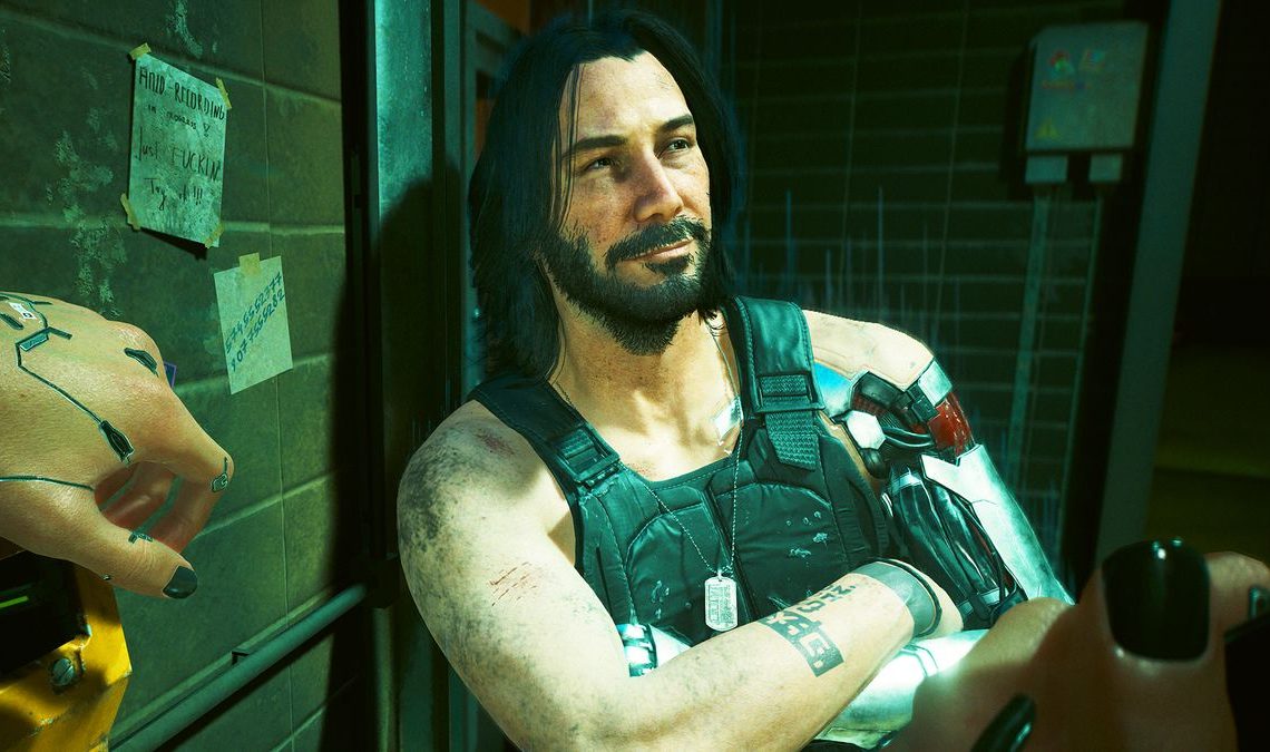 Cyberpunk 2077 character Johnny Silverhand with arms crossed looks away from the camera and smiles