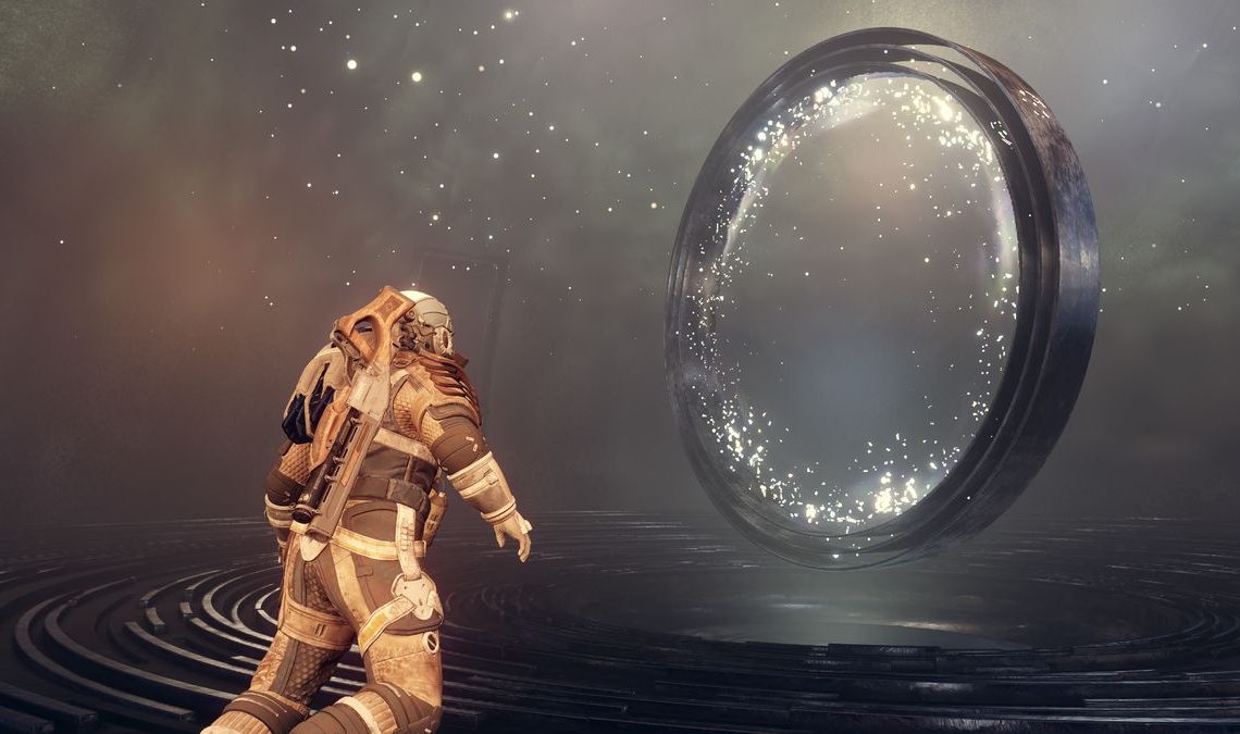 An astronaut floating near a big metal hoop