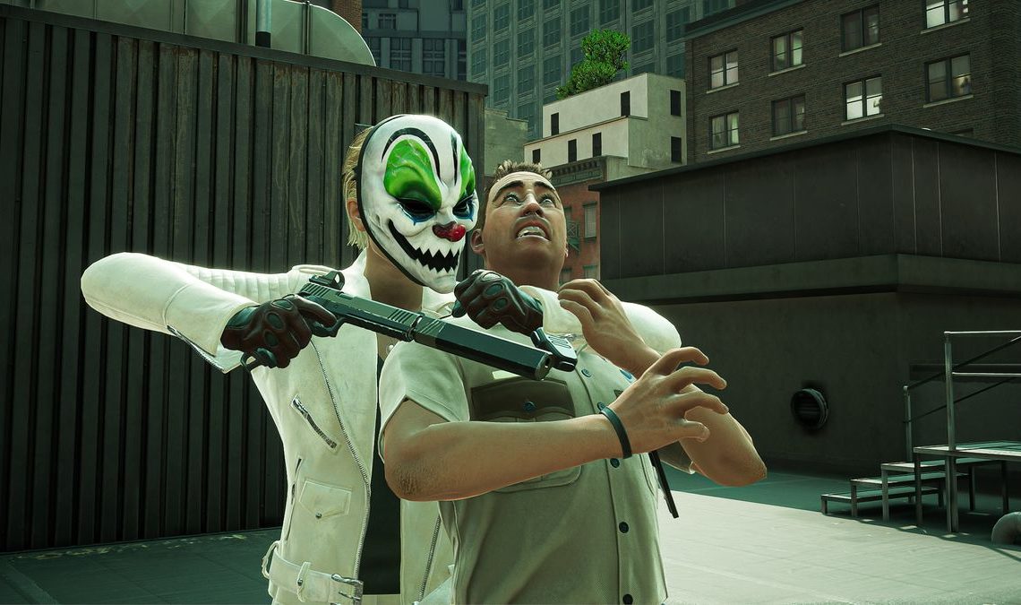 Payday 3 screenshot where a masked character holds a person hostage