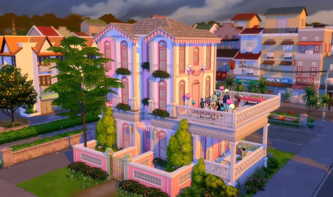 The Sims 4: For Rent reveal trailer--a large pink apartment building with Sims partying on a terrace