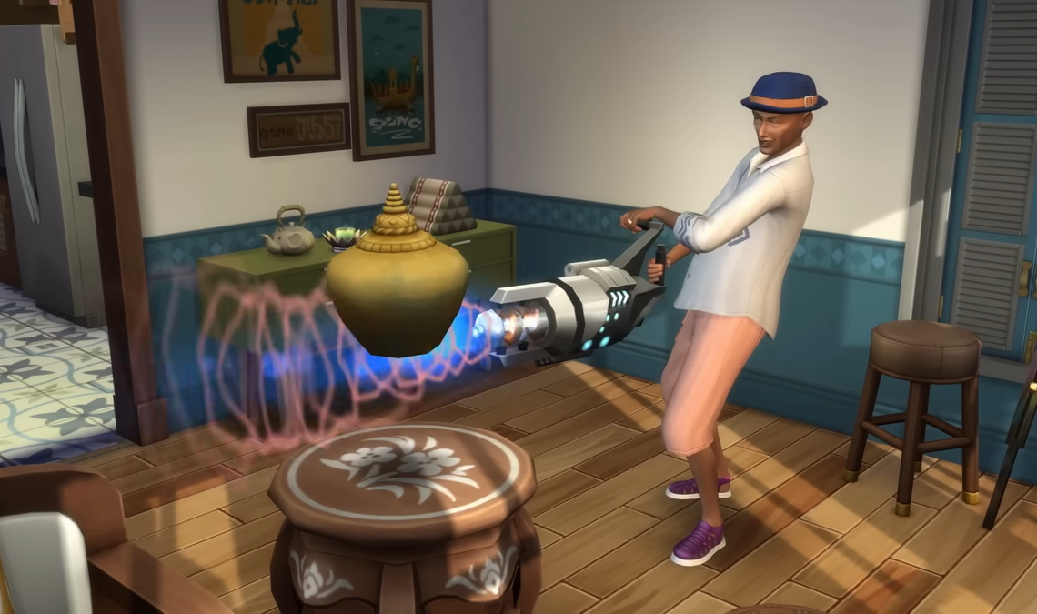 The Sims 4: For Rent - a landlord Sim fires a big laser at a levitating vase