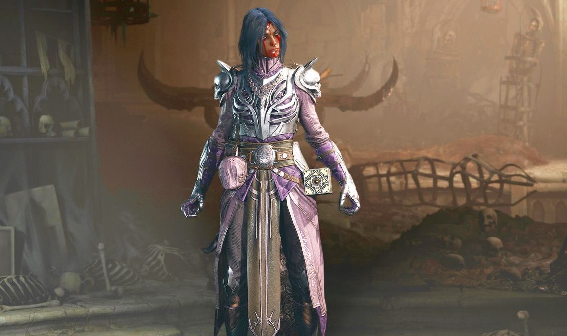 Diablo 4 Necromancer in silver and purple armor standing in front of a dark environmental background