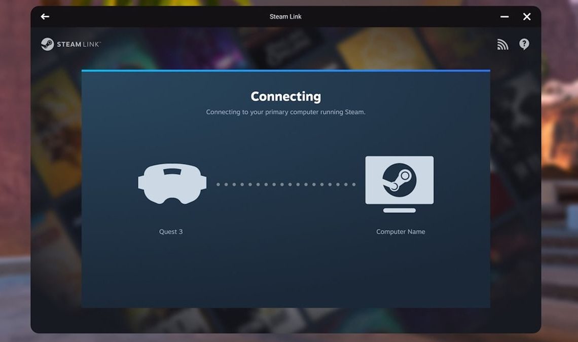 Steam Link software screen connecting to Meta Quest 3 VR headset