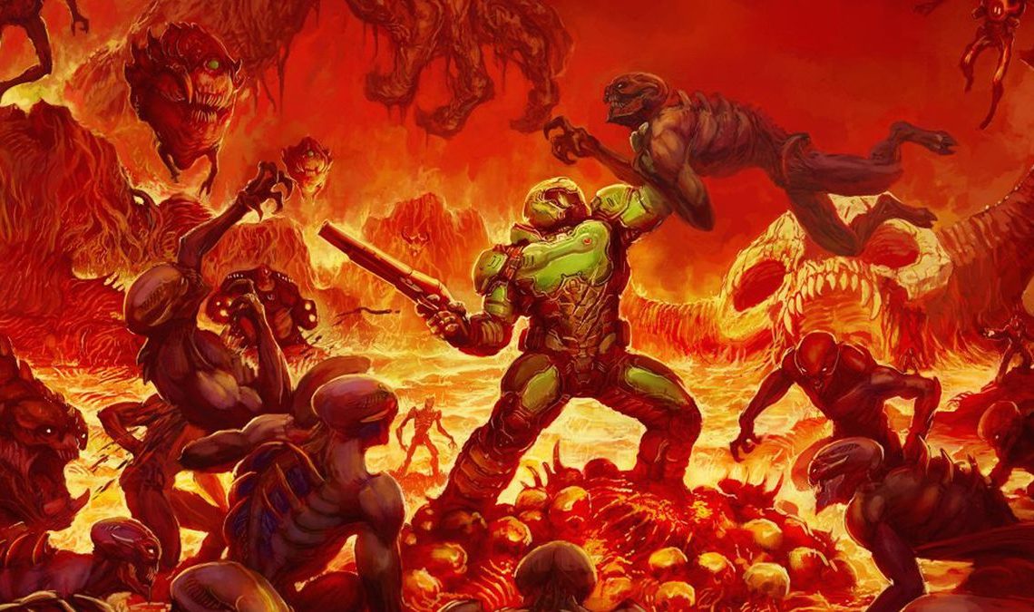 An image of a wallpaper for Doom (2016), featuring Doom Guy fighting off a swarm of hellish spawn. Presumably to heavy metal music.