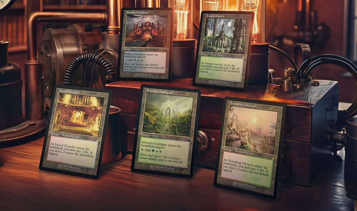 Magic: The Gathering promotional image - five cards on a retro-Steampunk background (detail)