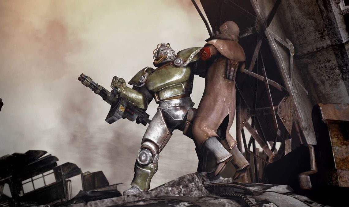 Fallout power armor wearer holding up a defeated NCR ranger
